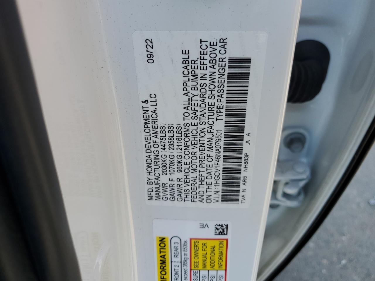 2022 HONDA ACCORD SPORT SE VIN:1HGCV1F46NA079501