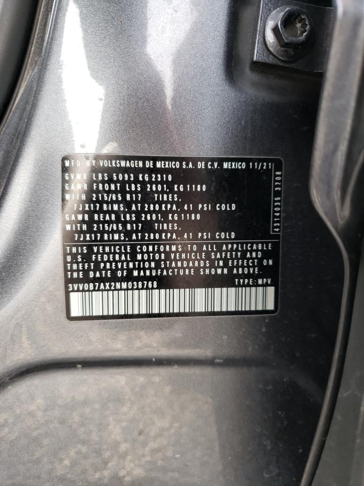 2022 VOLKSWAGEN TIGUAN S VIN:3VV0B7AX2NM038768