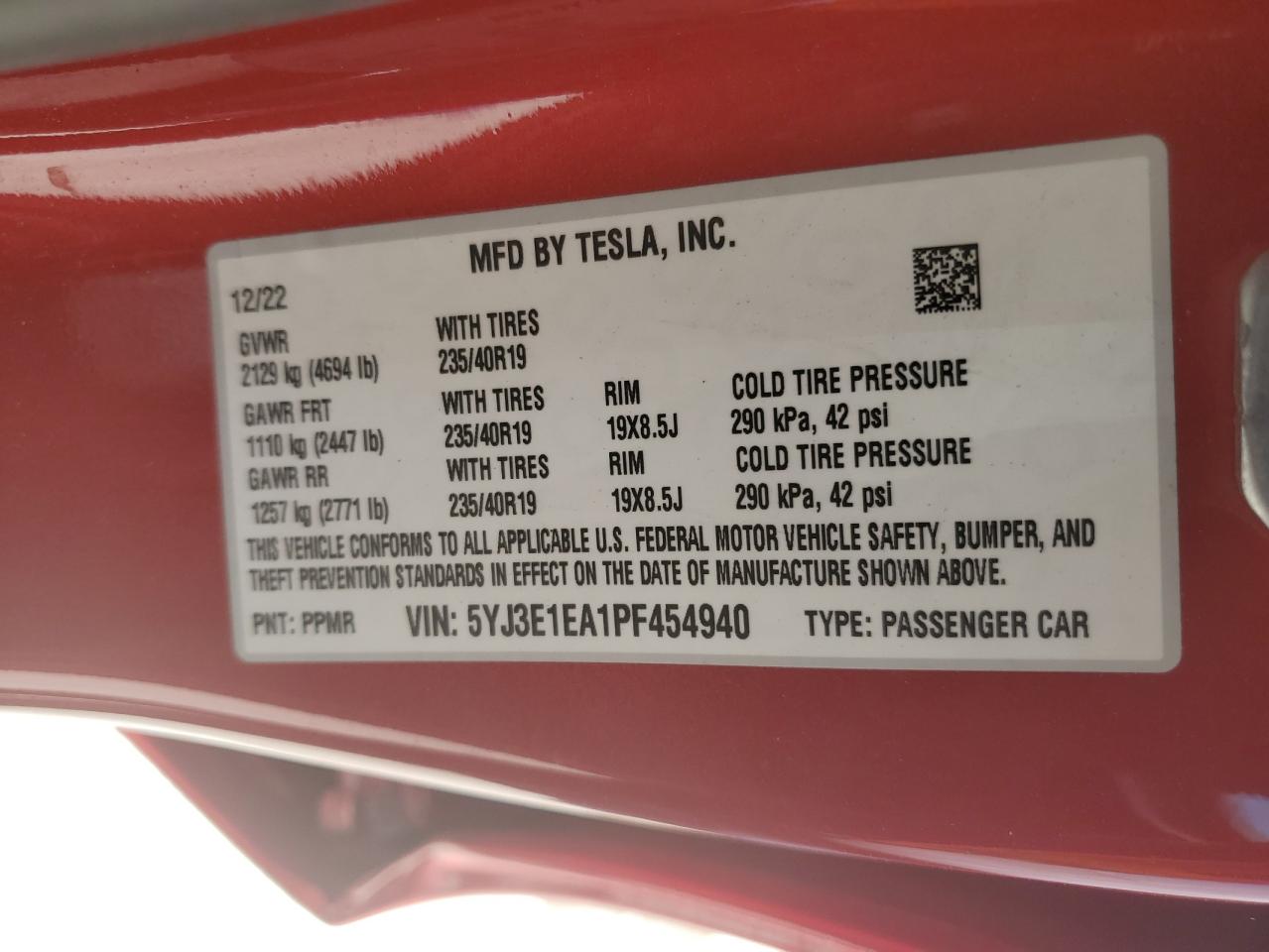 2023 TESLA MODEL 3 VIN:5YJ3E1EA1PF454940