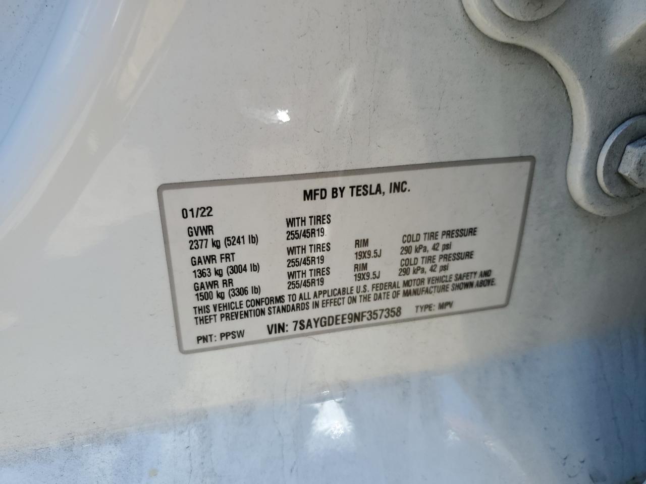 2022 TESLA MODEL Y VIN:7SAYGDEE9NF357358