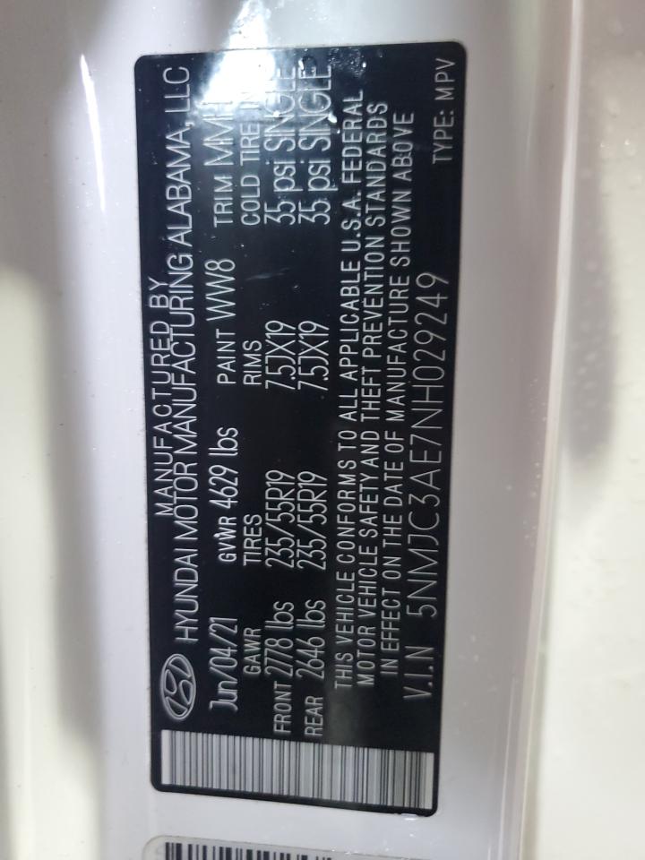 2022 HYUNDAI TUCSON SEL VIN:5NMJC3AE7NH029249