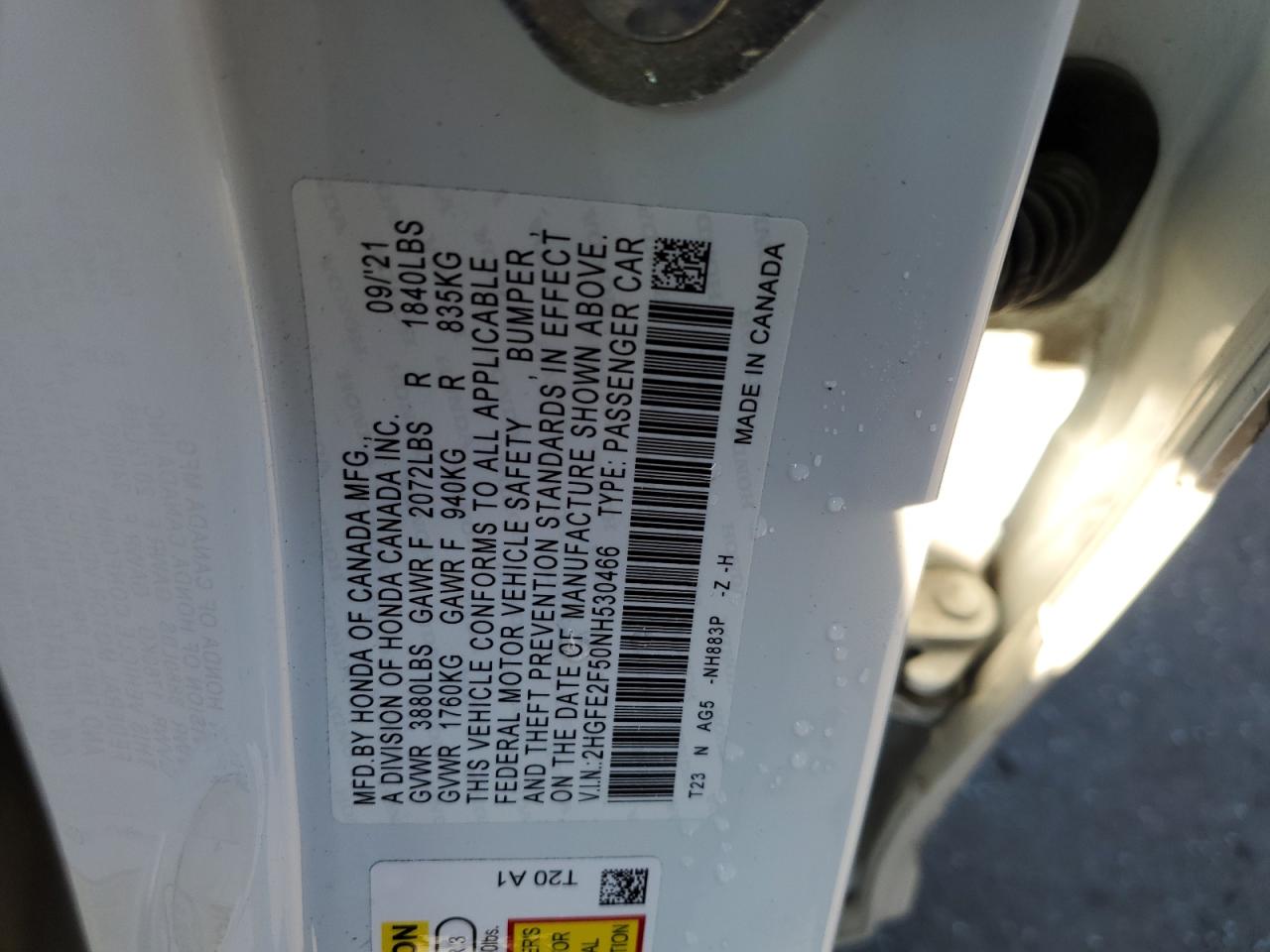 2022 HONDA CIVIC SPORT VIN:2HGFE2F50NH530466