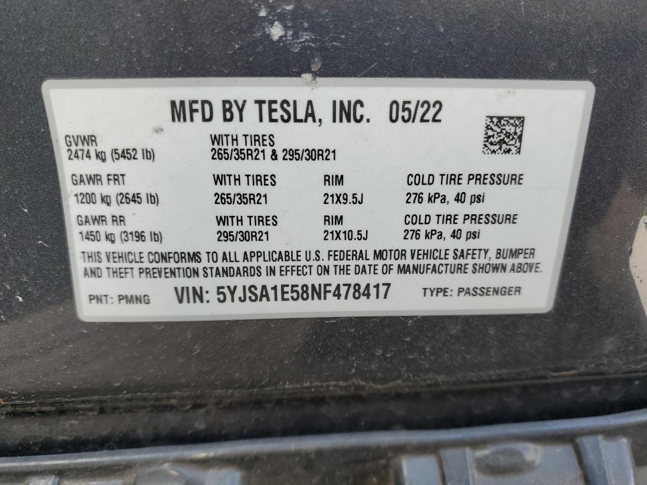 2022 TESLA MODEL S VIN:5YJSA1E58NF478417
