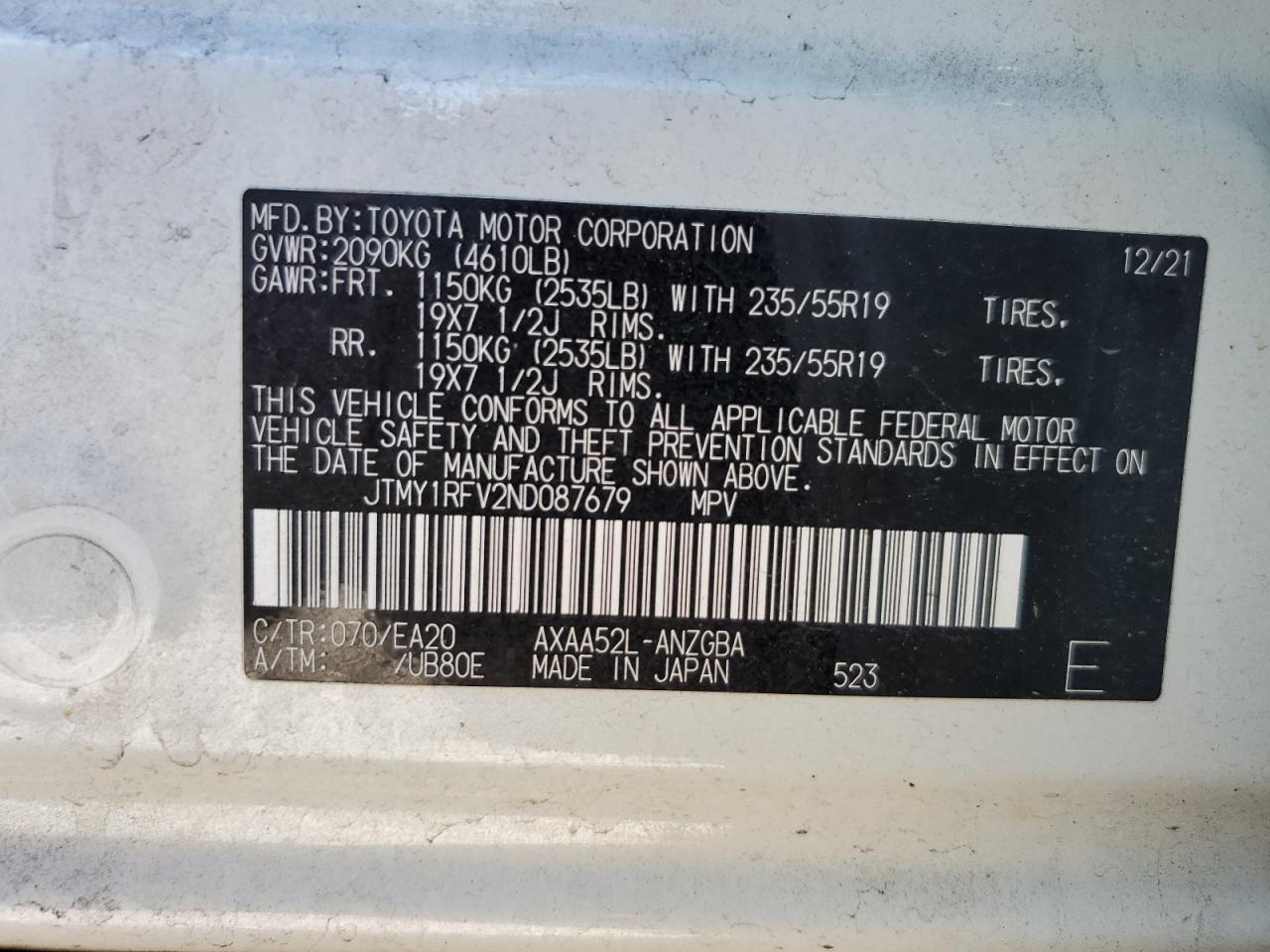 2022 TOYOTA RAV4 LIMITED VIN:JTMY1RFV2ND087679