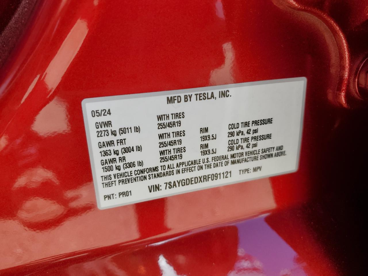 2024 TESLA MODEL Y VIN:7SAYGDEDXRF091121