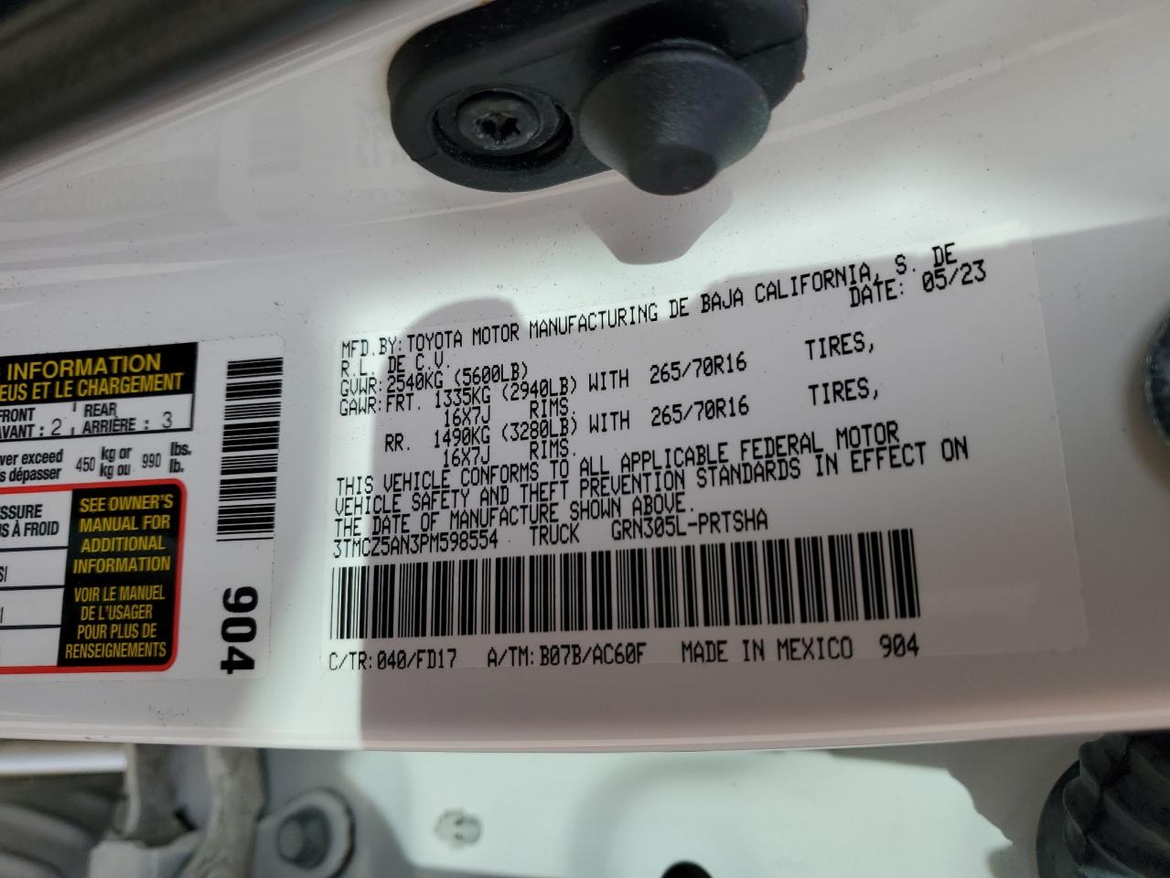 2023 TOYOTA TACOMA DOUBLE CAB VIN:3TMCZ5AN3PM598554