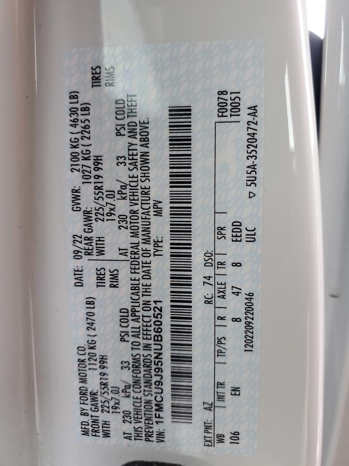 2022 FORD ESCAPE TITANIUM VIN:1FMCU9J95NUB60521