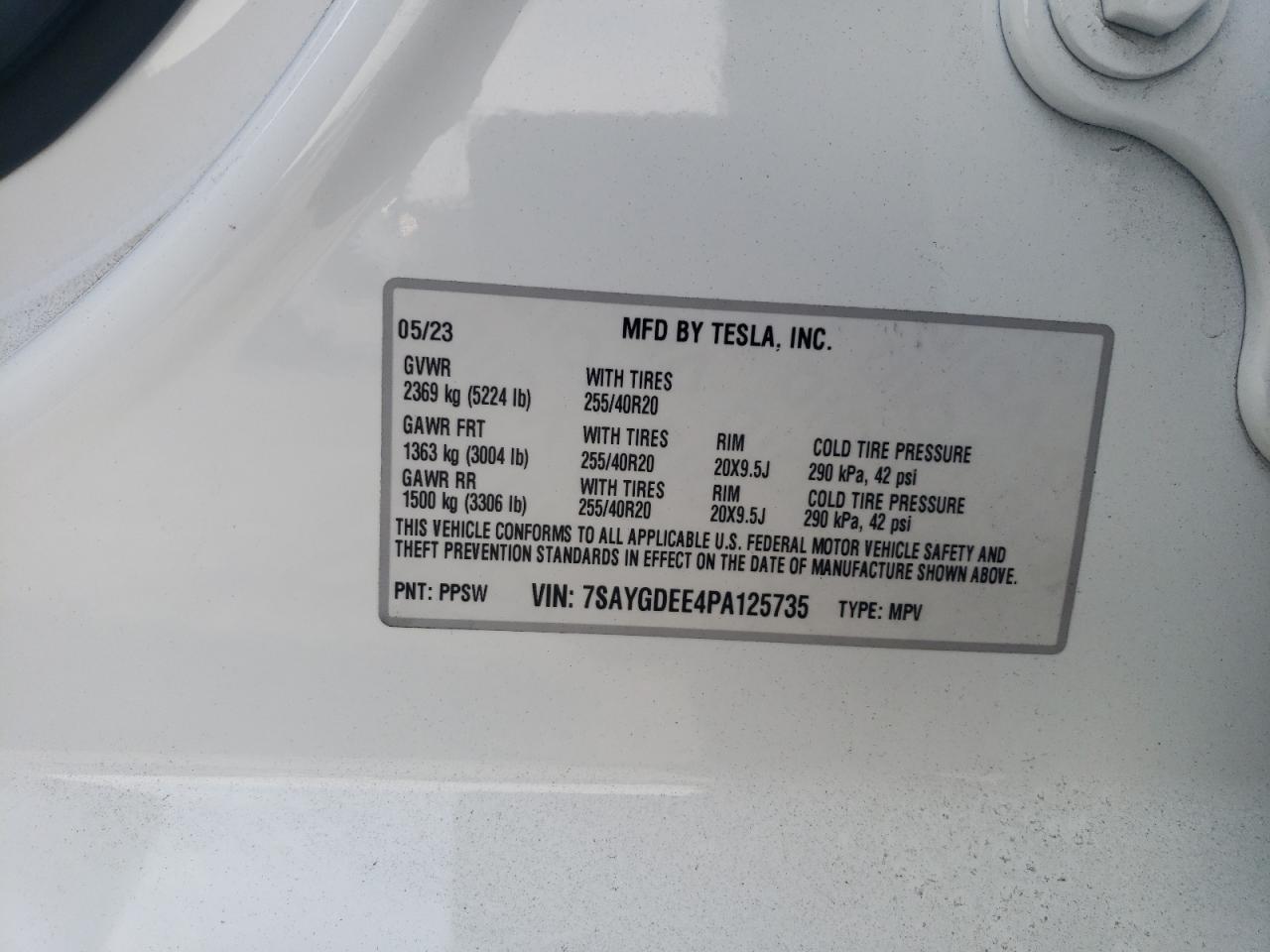 2023 TESLA MODEL Y VIN:7SAYGDEE4PA125735