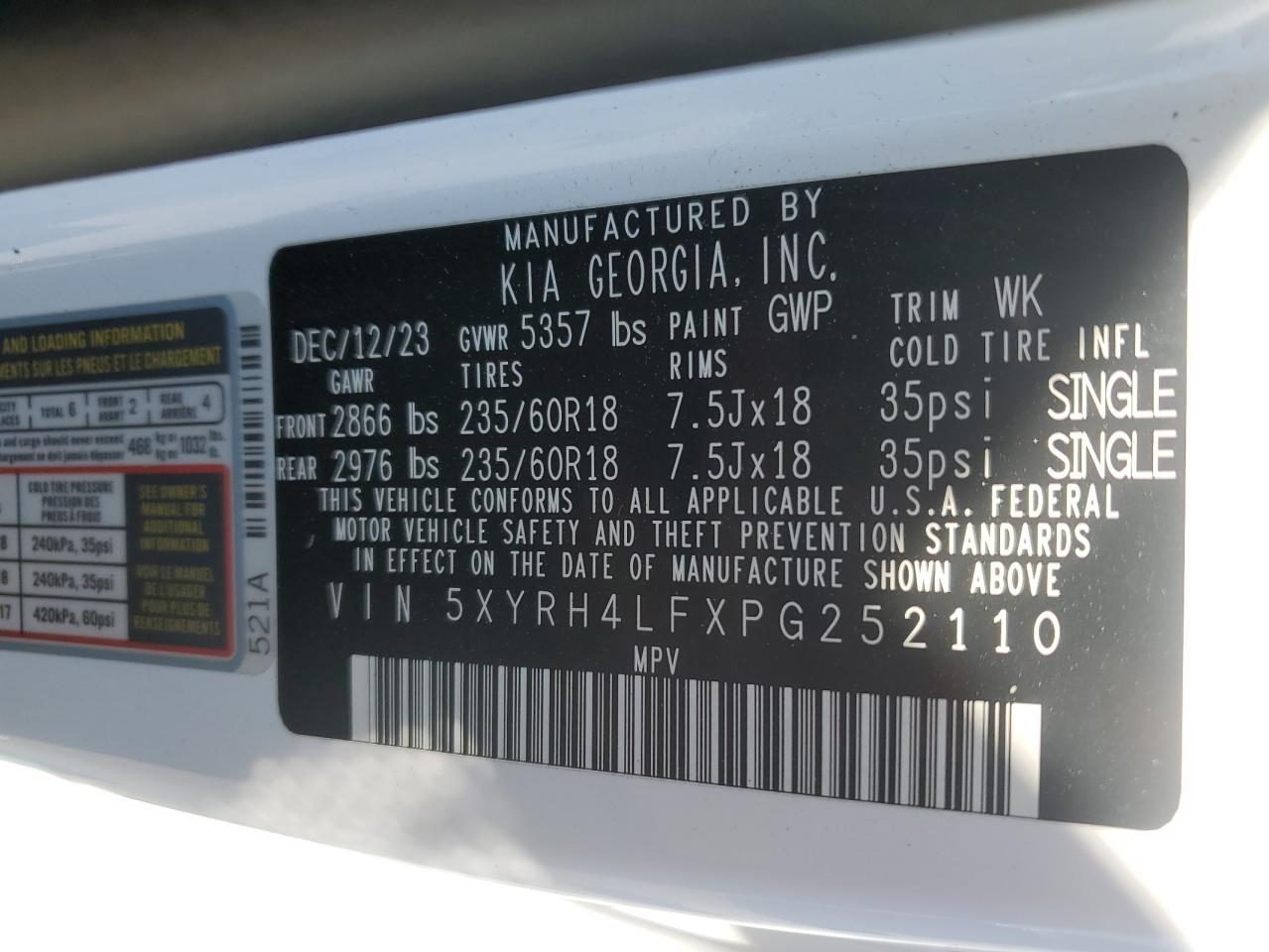 2023 KIA SORENTO EX VIN:5XYRH4LFXPG252110