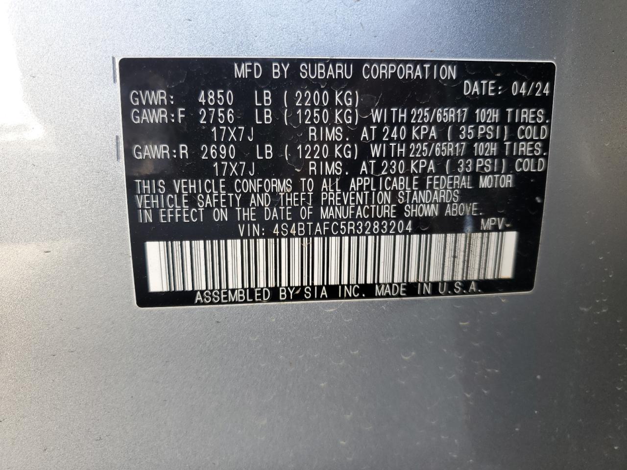 2024 SUBARU OUTBACK PREMIUM VIN:4S4BTAFC5R3283204