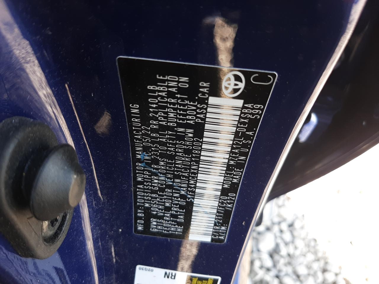 2022 TOYOTA COROLLA SE VIN:5YFS4MCEXNP118002