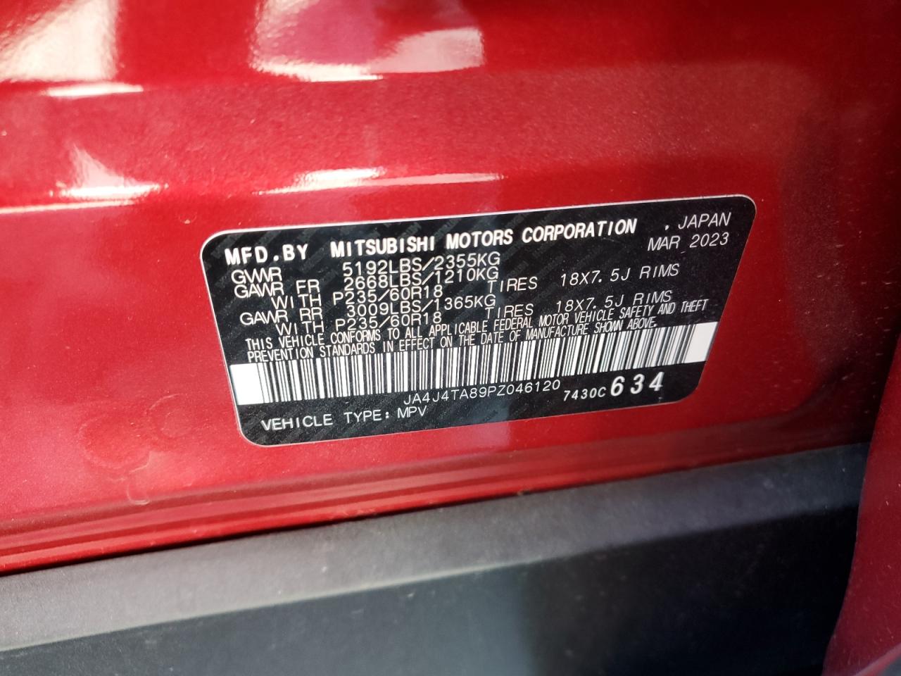 2023 MITSUBISHI OUTLANDER ES VIN:JA4J4TA89PZ046120