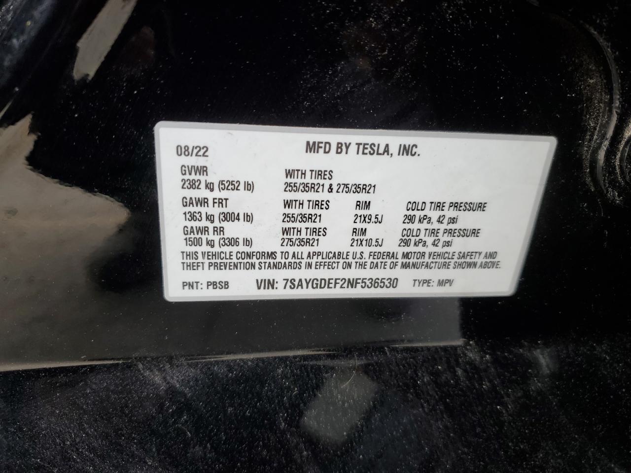 2022 TESLA MODEL Y VIN:7SAYGDEF2NF536530