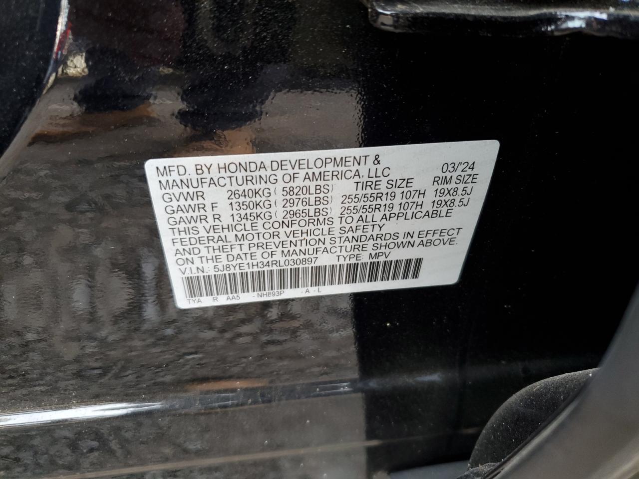 2024 ACURA MDX VIN:5J8YE1H34RL030897