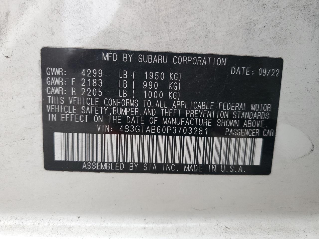 2023 SUBARU IMPREZA VIN:4S3GTAB60P3703281