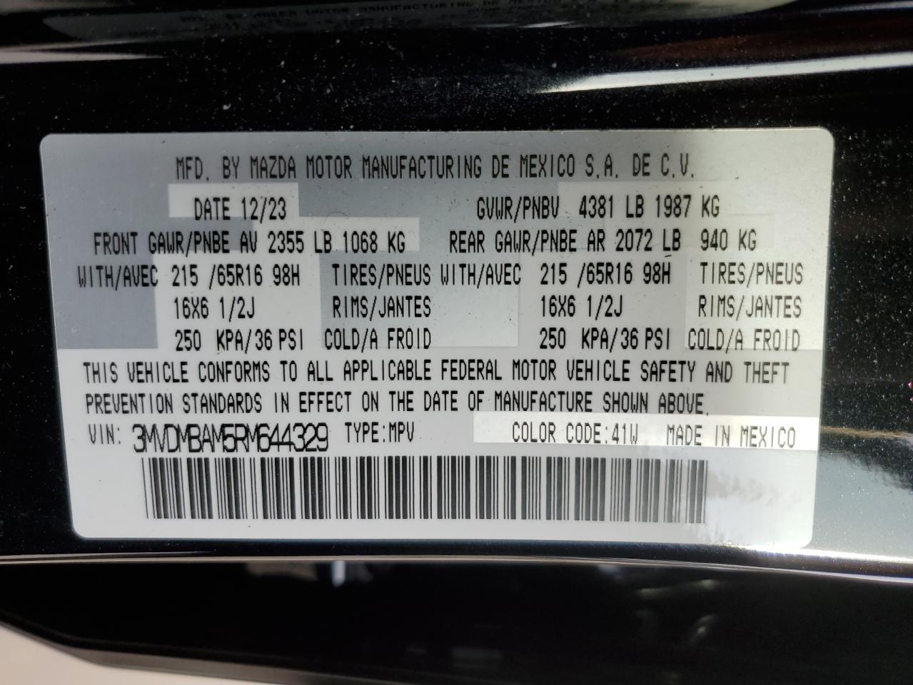 2024 MAZDA CX-30 VIN:3MVDMBAM5RM644329