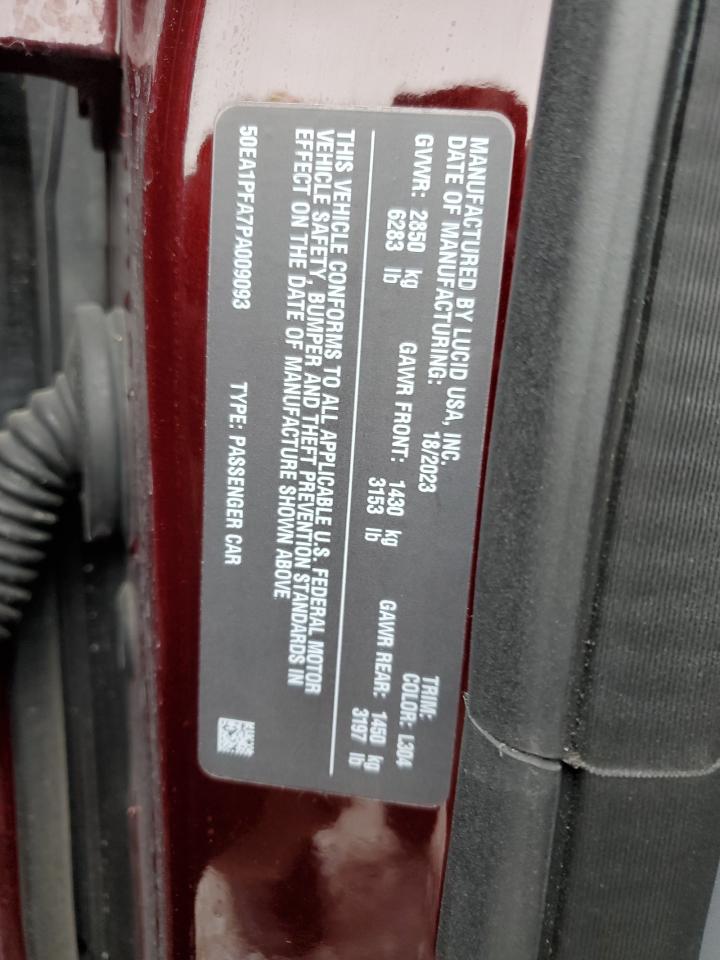 2023 LUCID MOTORS AIR PURE VIN:50EA1PFA7PA009093