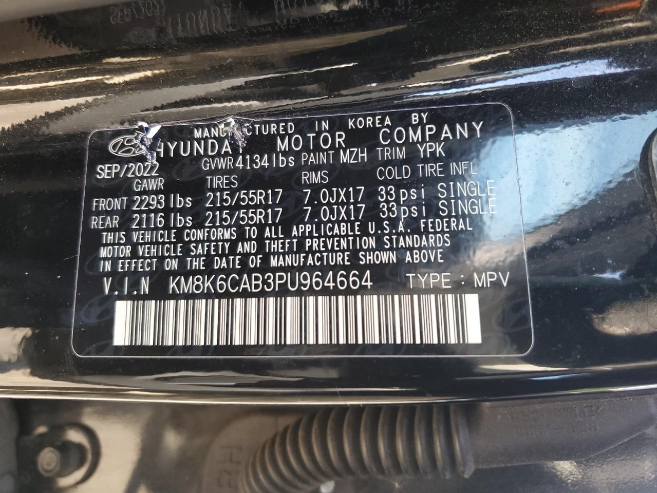 2023 HYUNDAI KONA SEL VIN:KM8K6CAB3PU964664