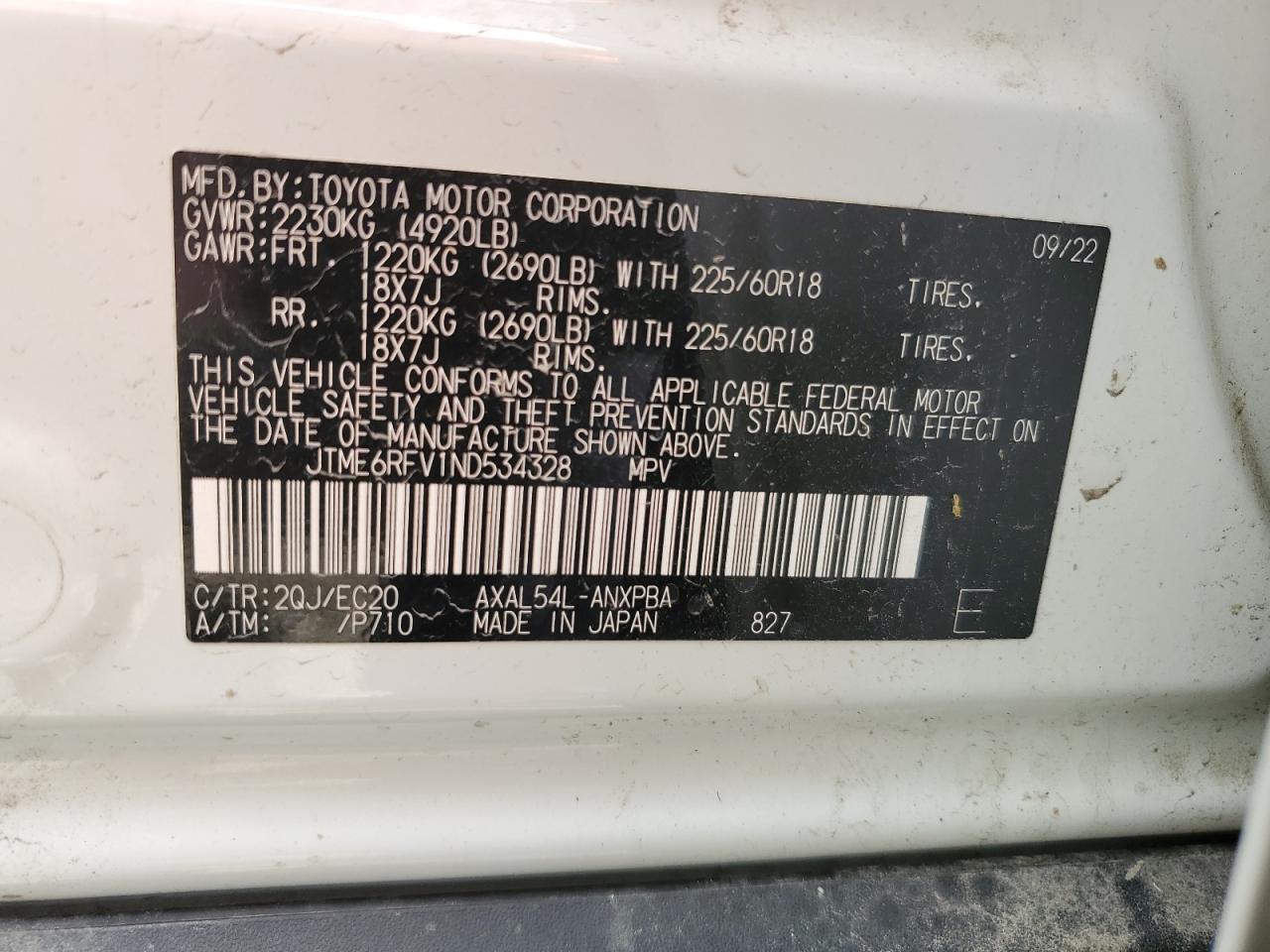 2022 TOYOTA RAV4 XSE VIN:JTME6RFV1ND534328