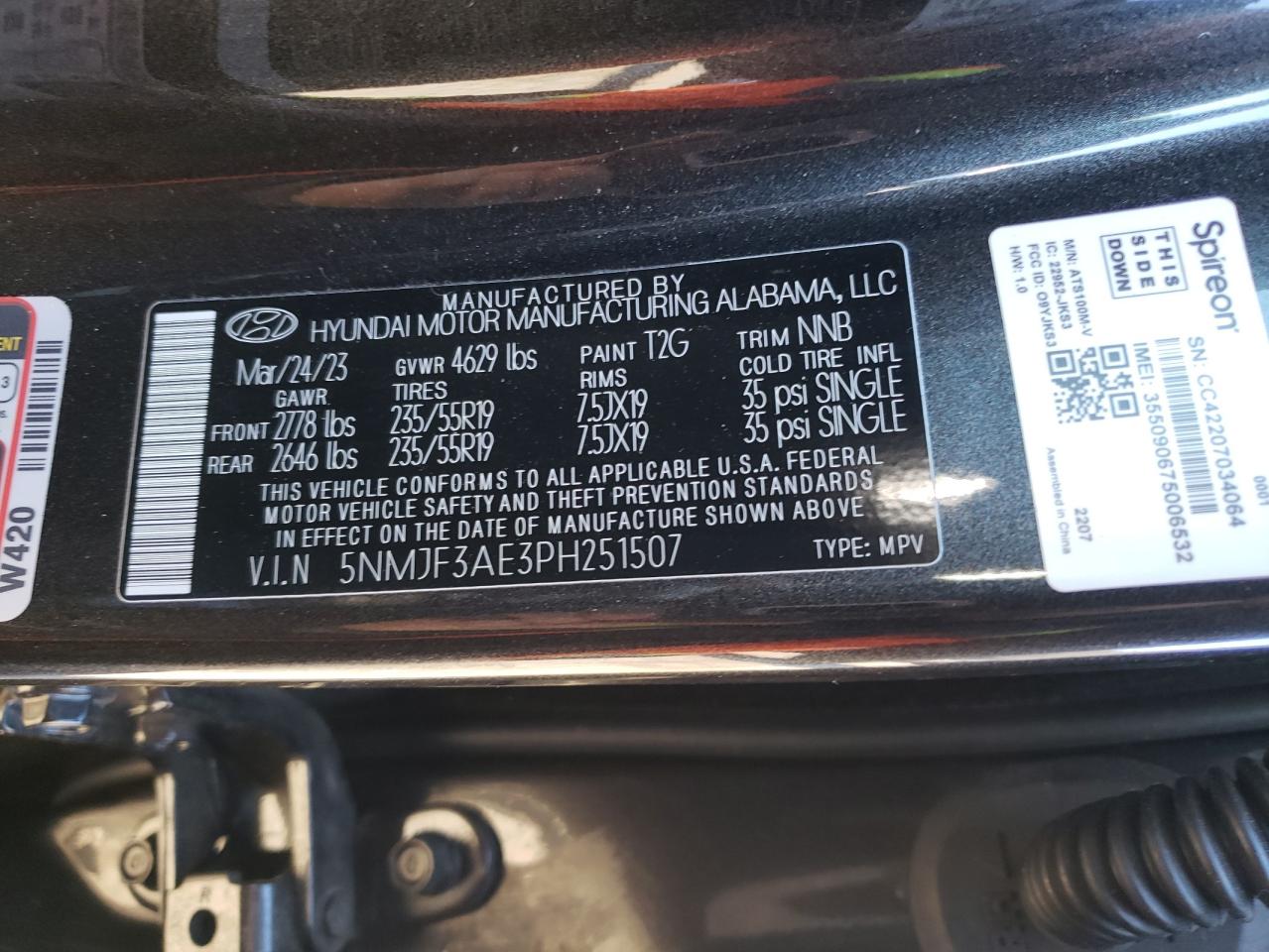 2023 HYUNDAI TUCSON SEL VIN:5NMJF3AE3PH251507