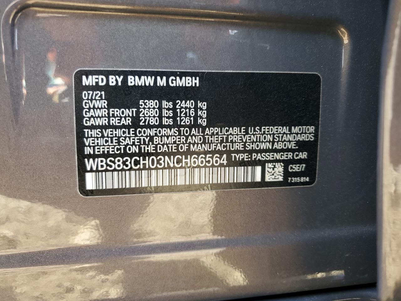 2022 BMW M5 VIN:WBS83CH03NCH66564