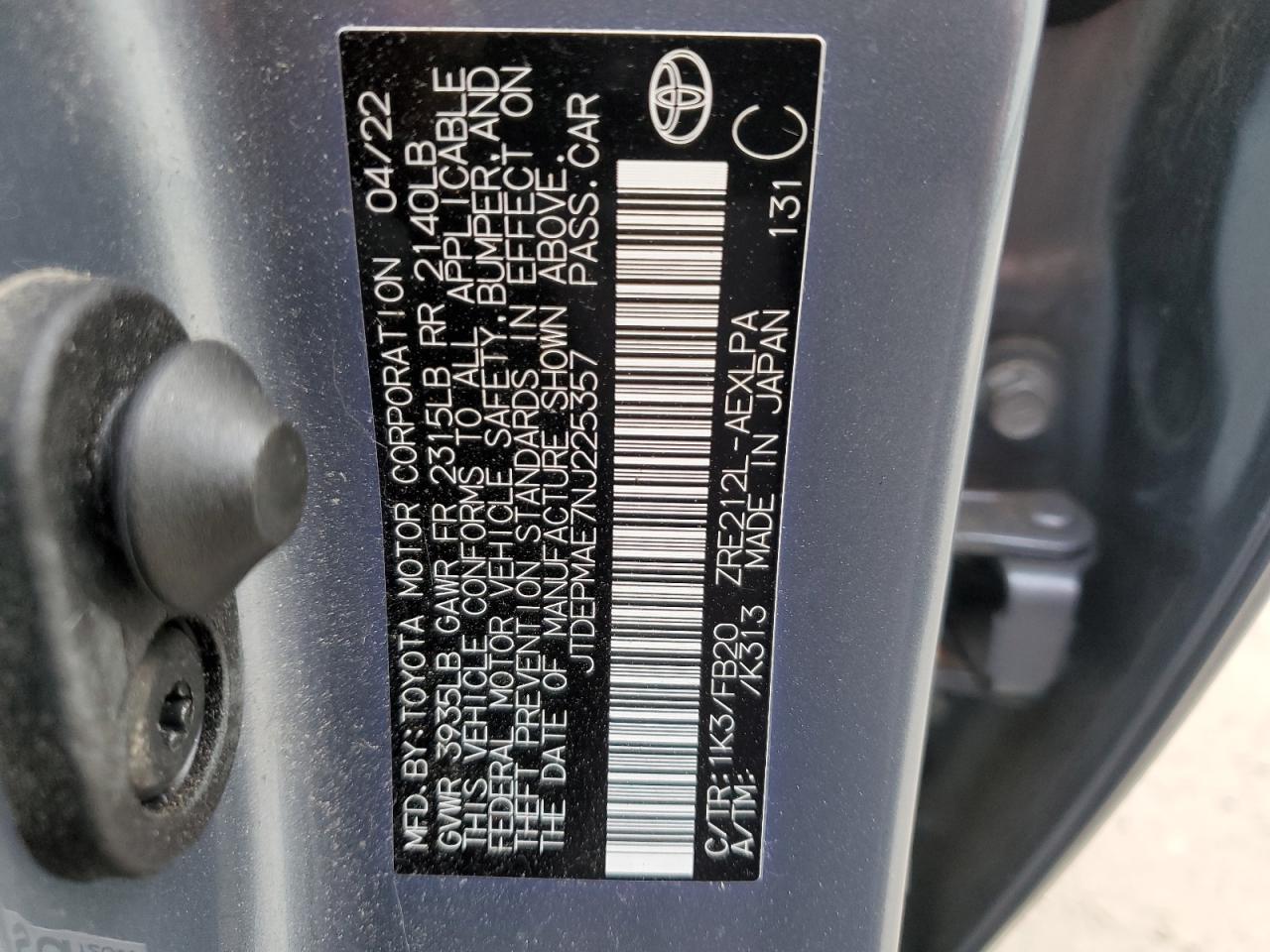 2022 TOYOTA COROLLA LE VIN:JTDEPMAE7NJ225357