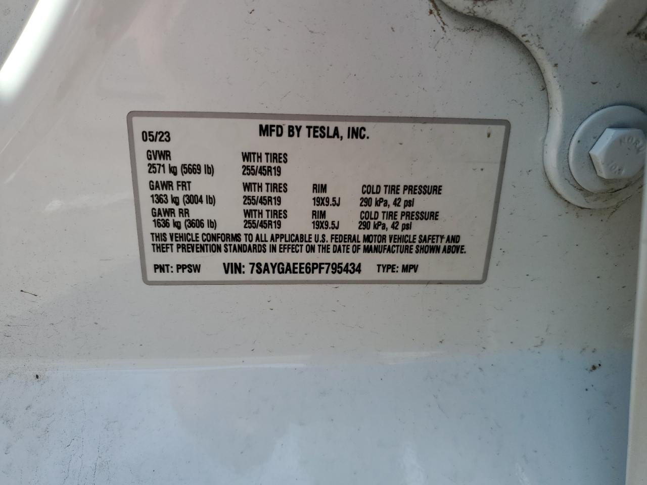 2023 TESLA MODEL Y VIN:7SAYGAEE6PF795434