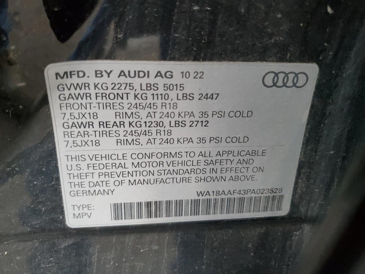 2023 AUDI A4 ALLROAD PREMIUM PLUS VIN:WA18AAF43PA023528