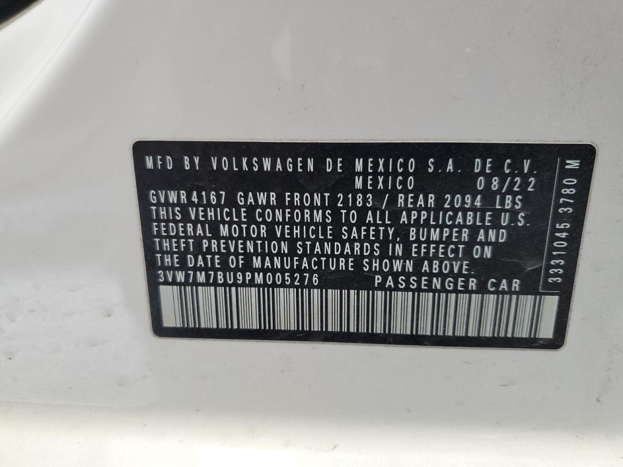 2023 VOLKSWAGEN JETTA SE VIN:3VW7M7BU9PM005276