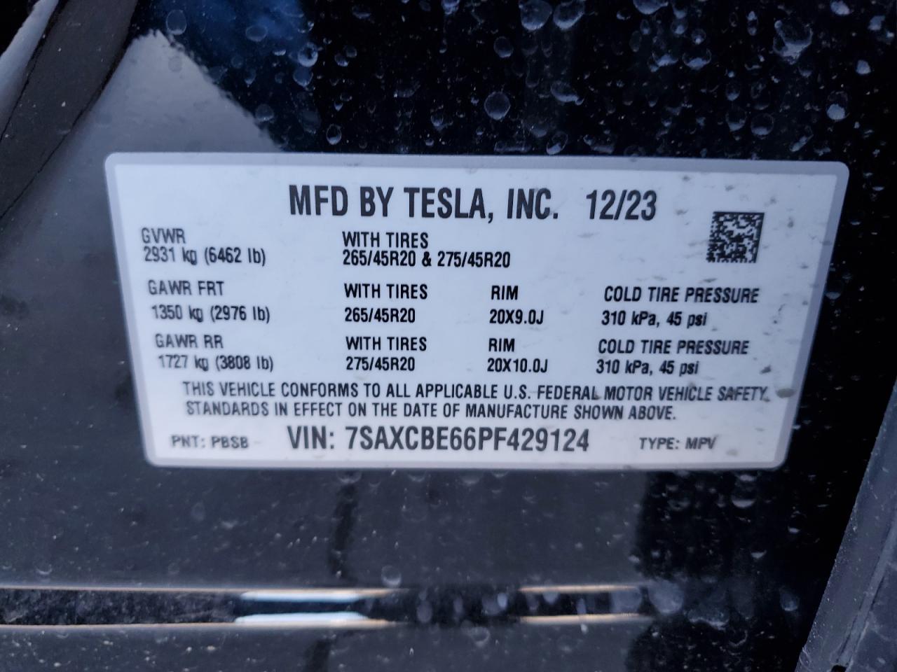 2023 TESLA MODEL X VIN:7SAXCBE66PF429124