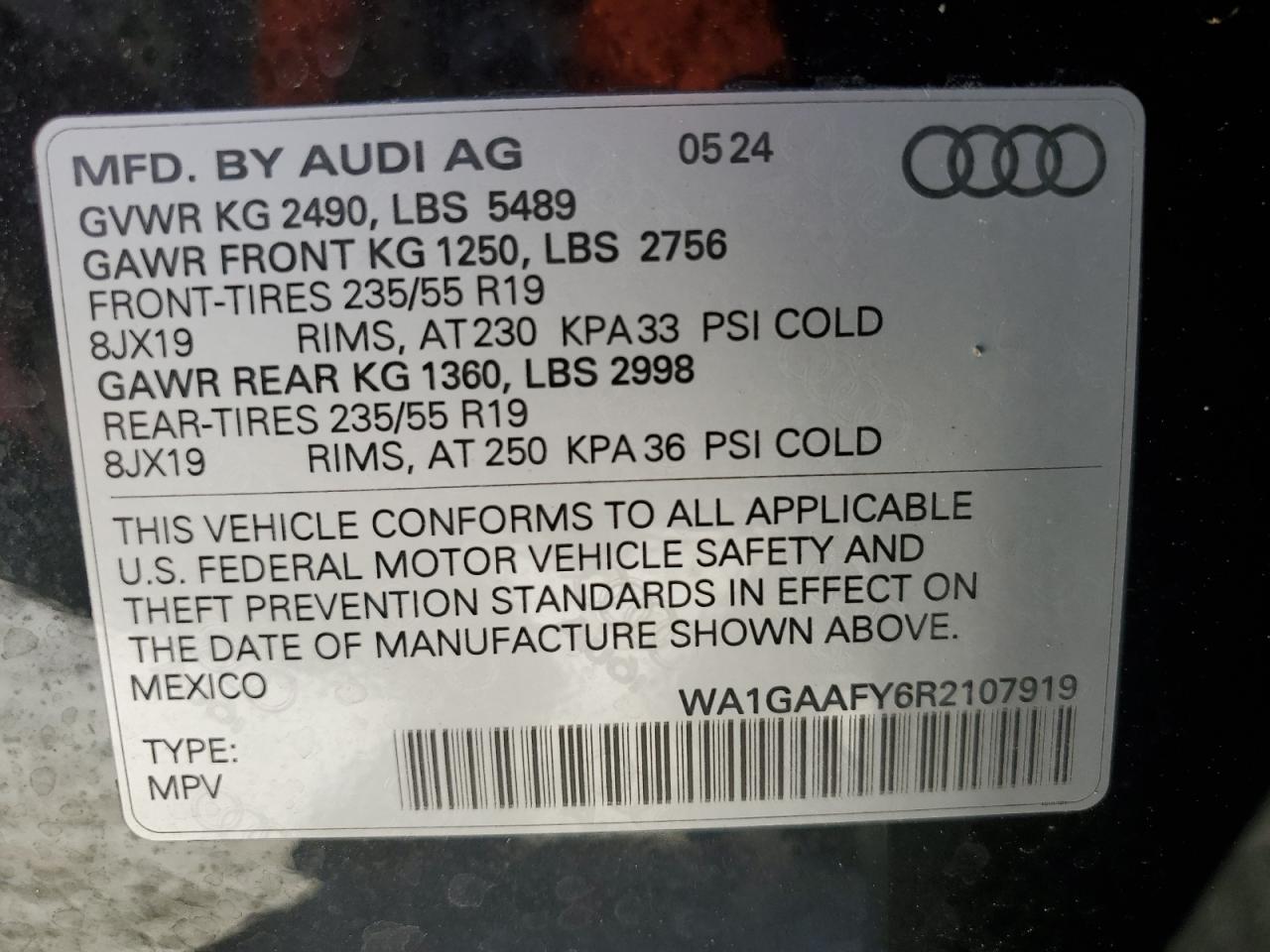 2024 AUDI Q5 PREMIUM 45 VIN:WA1GAAFY6R2107919