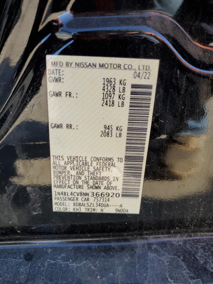 2022 NISSAN ALTIMA SR VIN:1N4BL4CV8NN366920