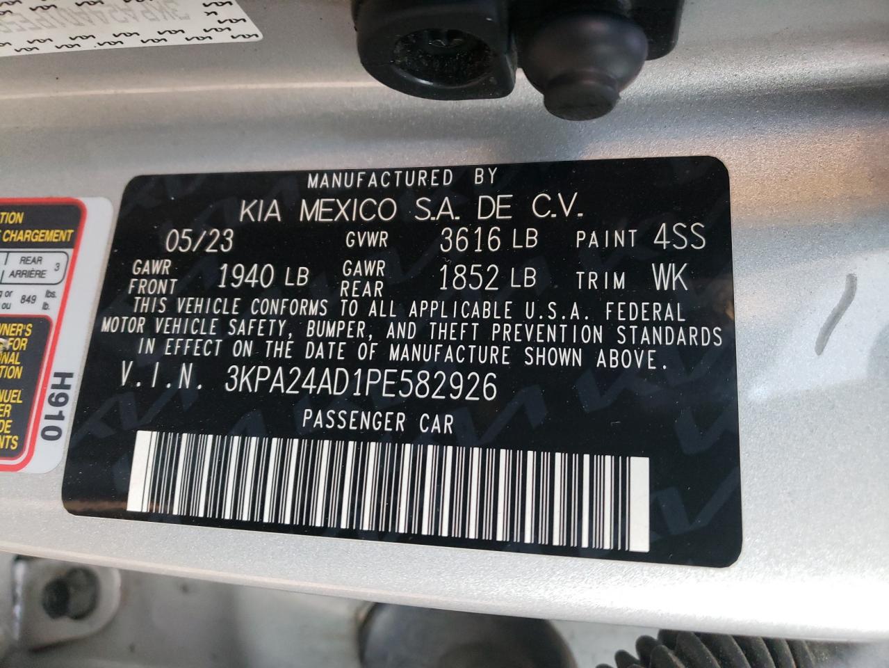 2023 KIA RIO LX VIN:3KPA24AD1PE582926