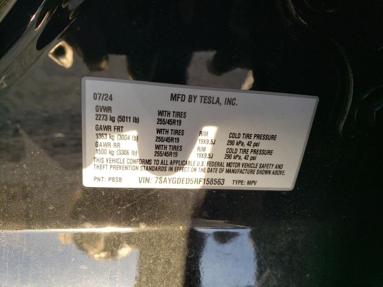 2024 TESLA MODEL Y VIN:7SAYGDED5RF158563