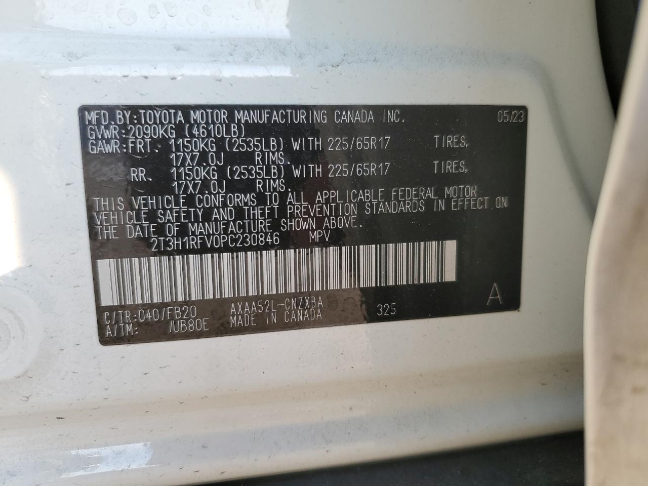 2023 TOYOTA RAV4 LE VIN:2T3H1RFV0PC230846