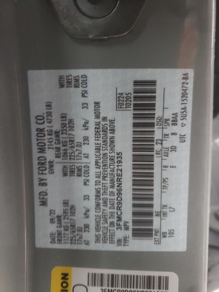 2022 FORD BRONCO SPORT BADLANDS VIN:3CZRU6H56NM748040
