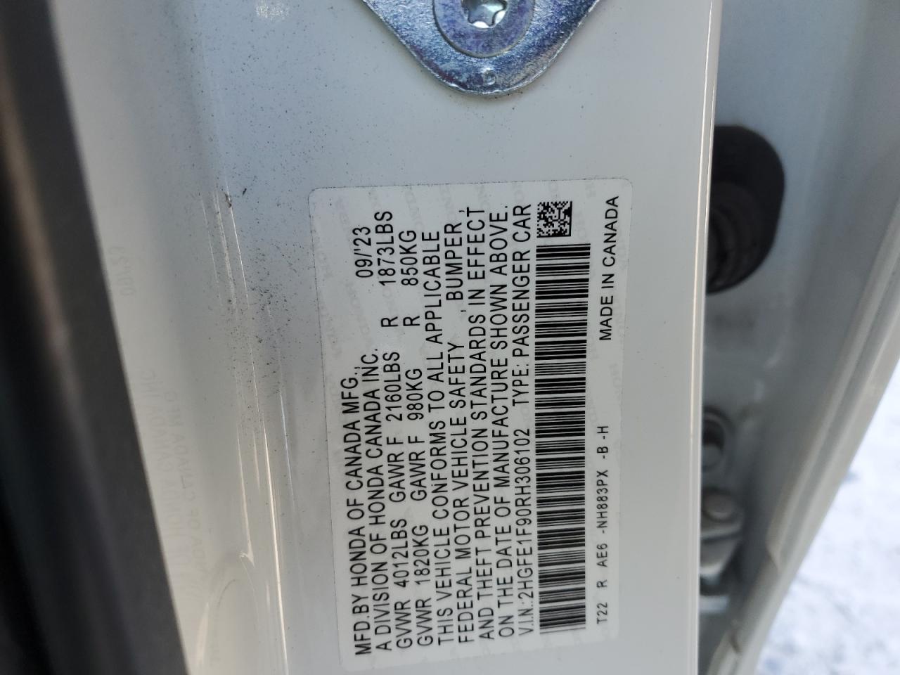 2024 HONDA CIVIC TOURING VIN:2HGFE1F90RH306102