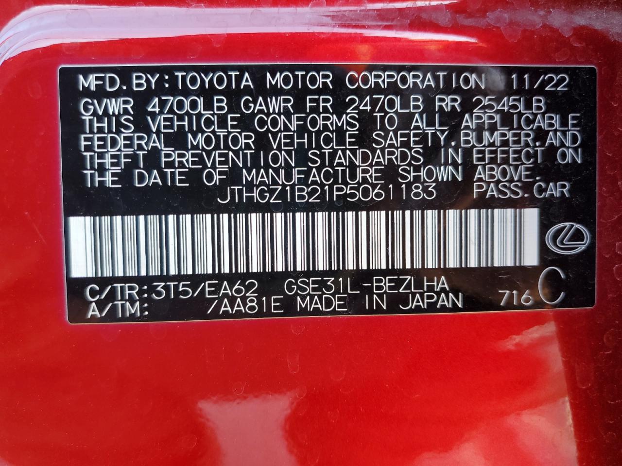 2023 LEXUS IS 350 F SPORT DESIGN VIN:JTHGZ1B21P5061183