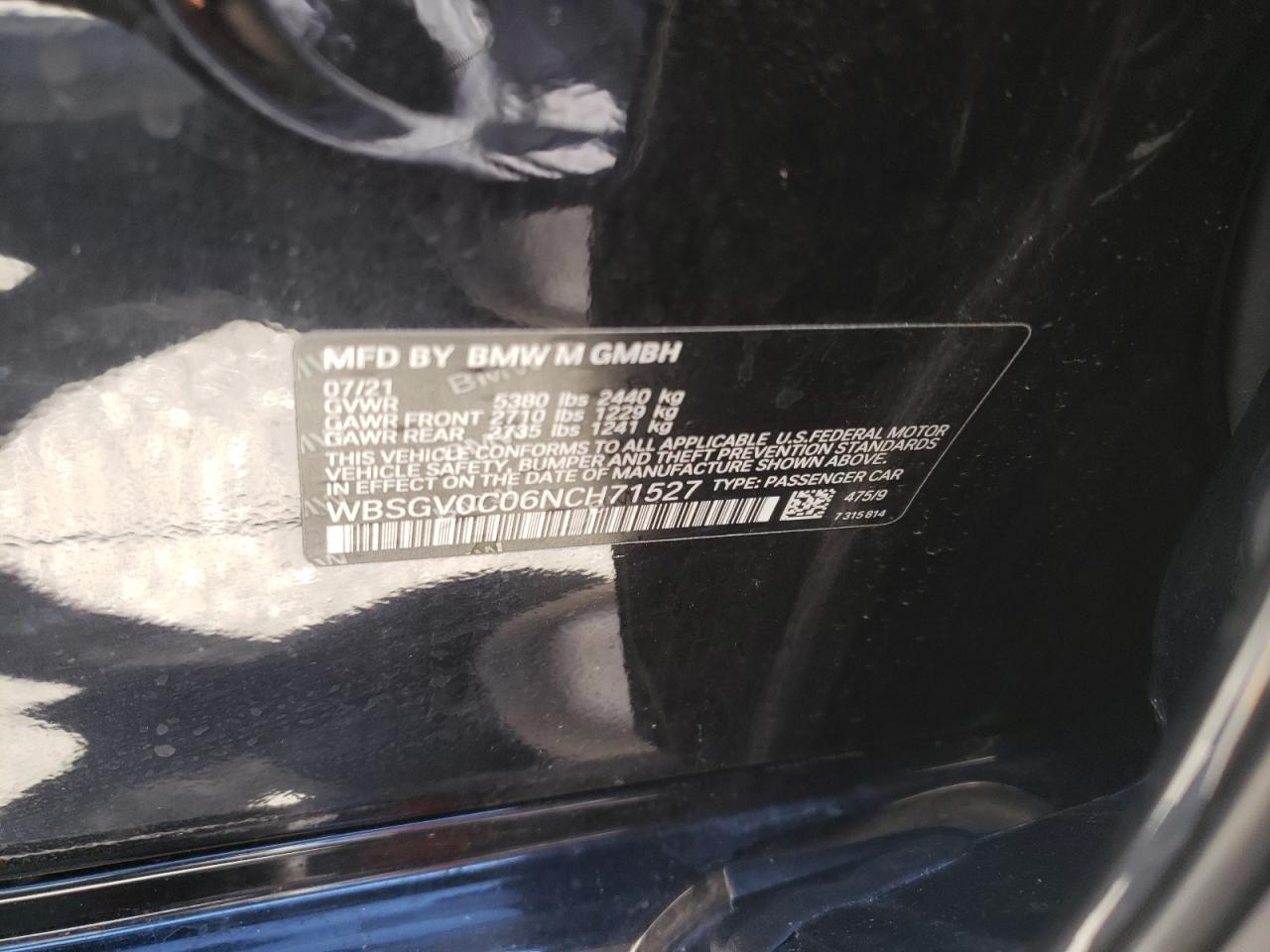 2022 BMW M8 VIN:WBSGV0C06NCH71527