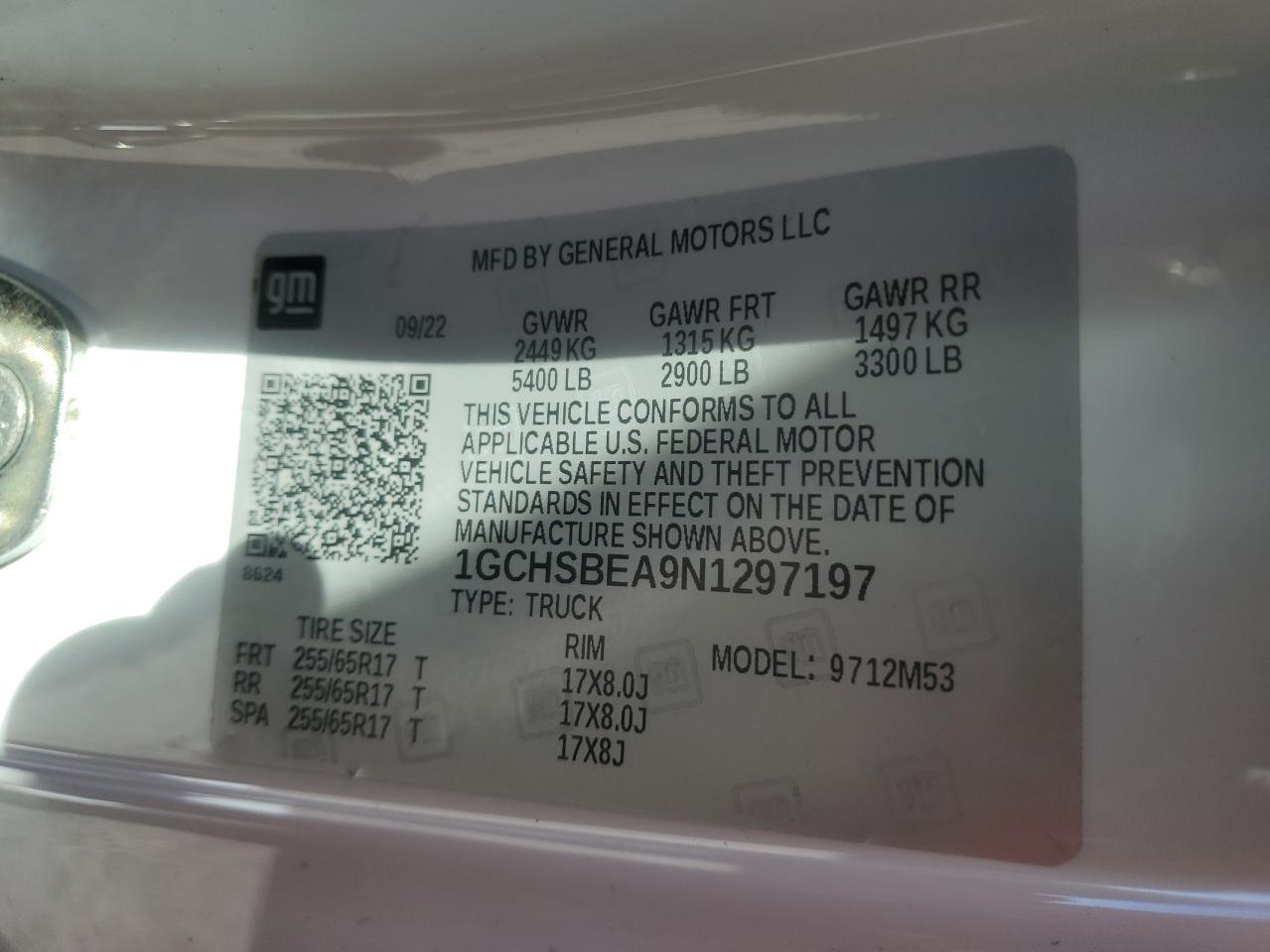 2022 CHEVROLET COLORADO VIN:1GCHSBEA9N1297197