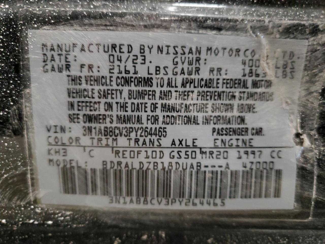 2023 NISSAN SENTRA SV VIN:3N1AB8CV3PY264465