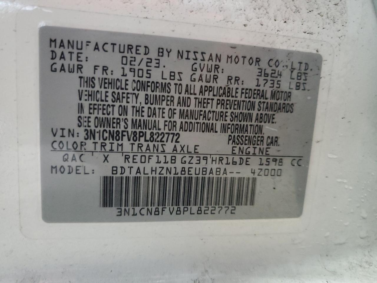 2023 NISSAN VERSA SR VIN:3N1CN8FV8PL822772