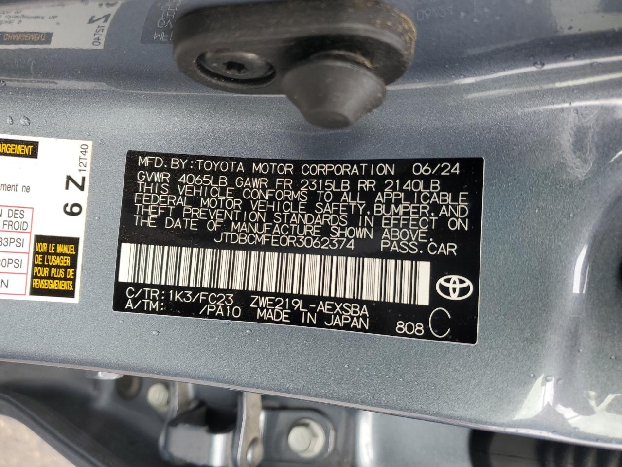 2024 TOYOTA COROLLA LE VIN:JTDBCMFE0R3062374