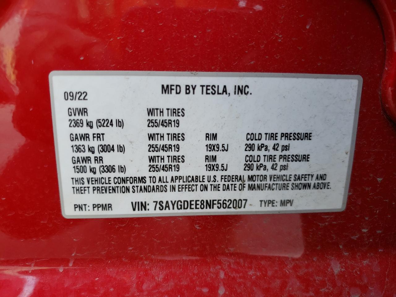 2022 TESLA MODEL Y VIN:7SAYGDEE8NF562007