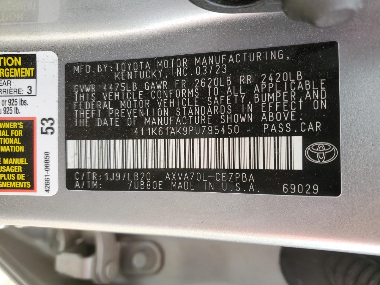 2023 TOYOTA CAMRY XSE VIN:4T1K61AK9PU795450