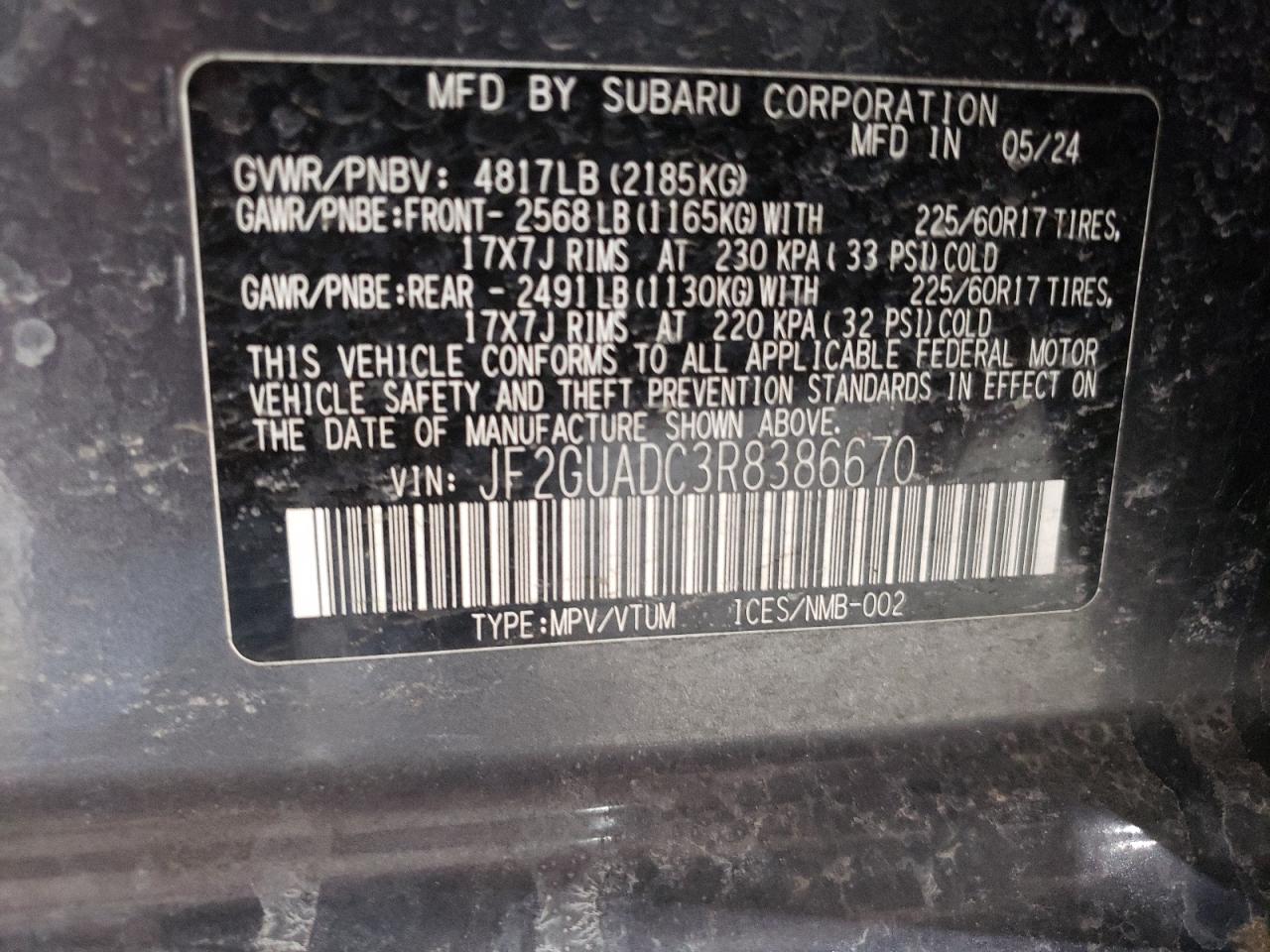 2024 SUBARU CROSSTREK PREMIUM VIN:JF2GUADC3R8386670