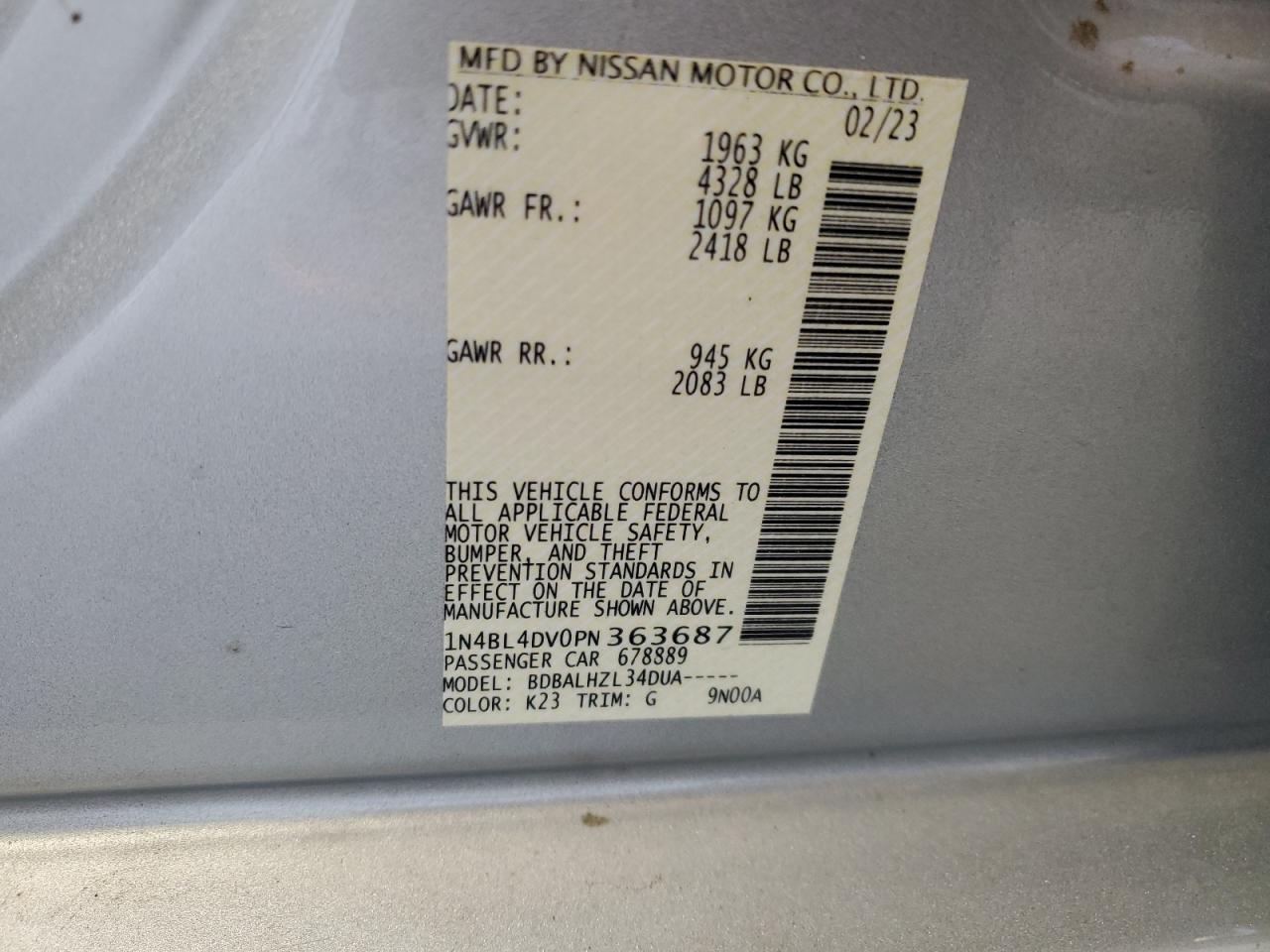 2023 NISSAN ALTIMA SV VIN:1N4BL4DV0PN363687