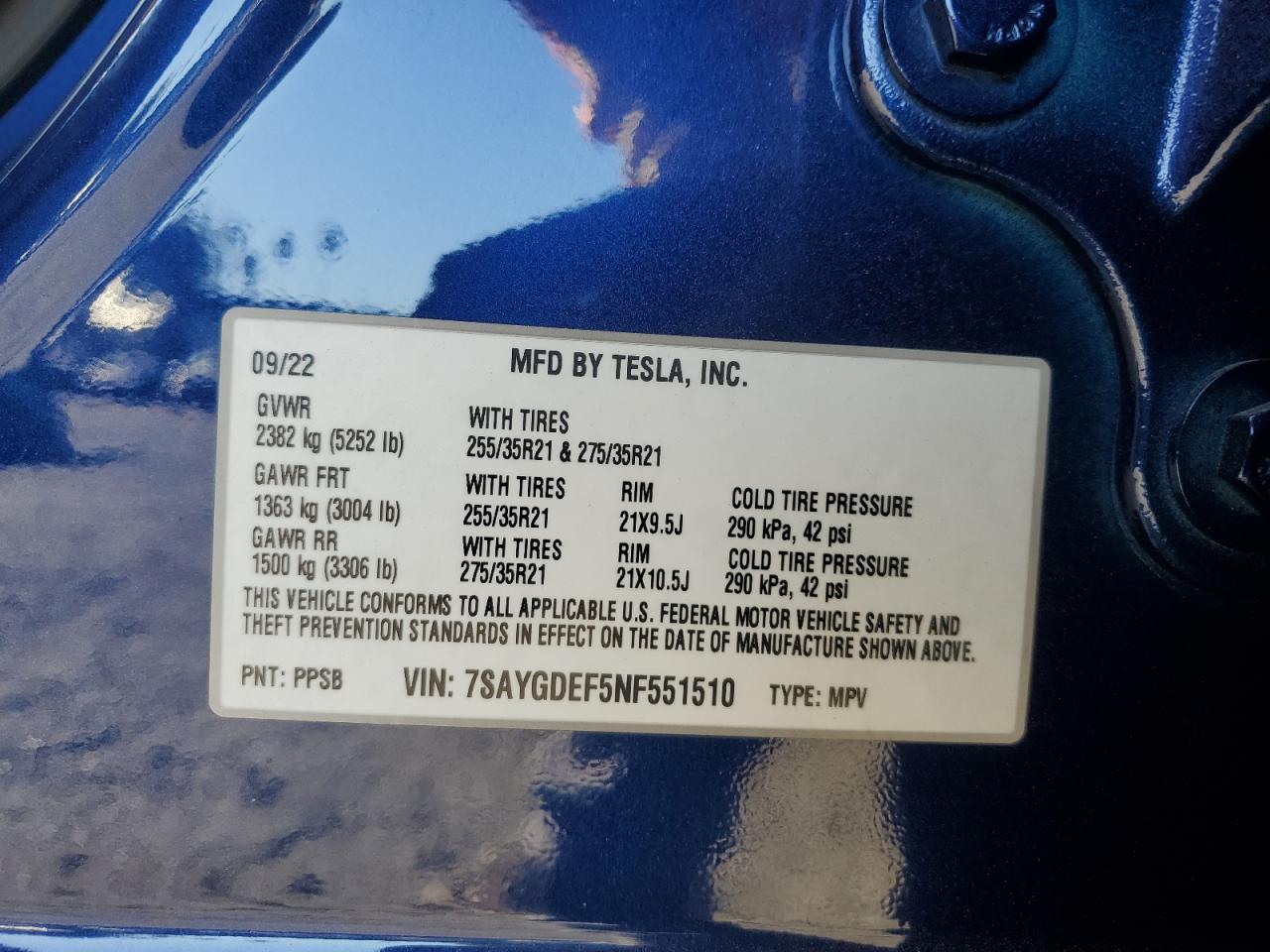 2022 TESLA MODEL Y VIN:7SAYGDEF5NF551510
