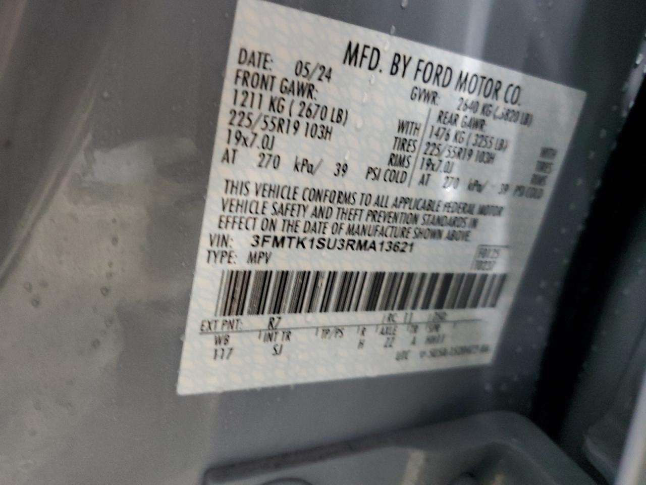 2024 FORD MUSTANG MACH-E SELECT VIN:3FMTK1SU3RMA13621