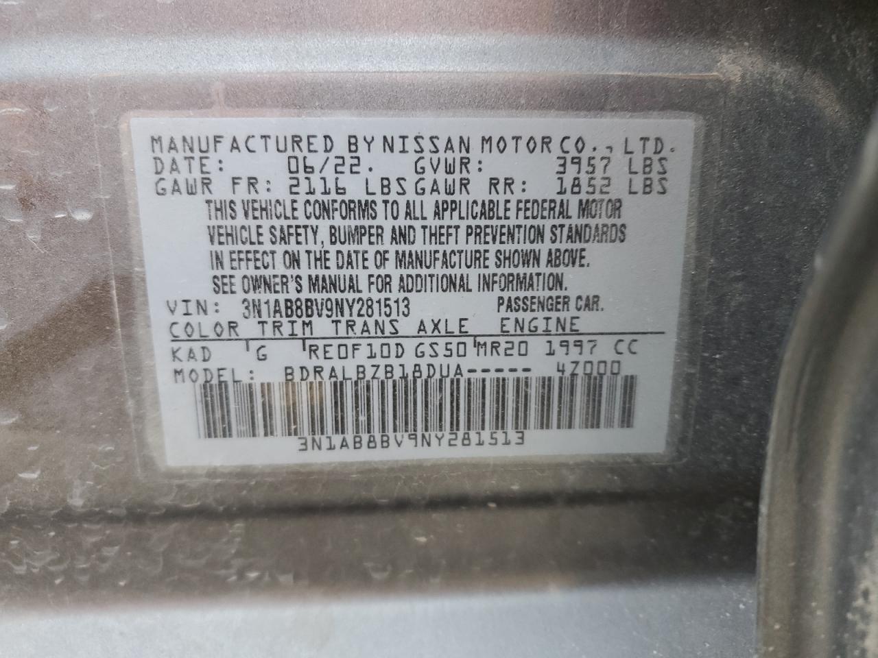 2022 NISSAN SENTRA S VIN:3N1AB8BV9NY281513